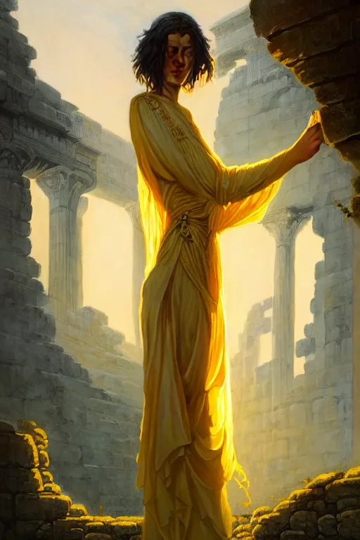 Image similar to possessed woman wearing an ancient greek tunic made of yellow paper, stephen bliss, fantasy art by greg rutkowski, rhads, ferdinand knab, makoto shinkai and lois van baarle, ilya kuvshinov, rossdraws, tom bagshaw, global illumination, radiant light, ancient greek temple ruins, green blue color theme