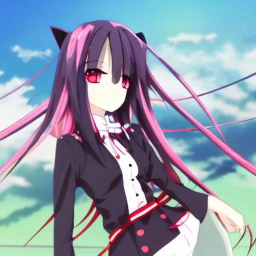 Image similar to Anime Screenshot of a “red-eyed black-haired anime fox girl” wearing black fingerless-gloves, high-waist-black-skirt, white-collared-shirt blue-open-jacket, black-necktie, unsheathing her katana, white background, visual-key, anime illustration, pixiv, anime-twitter