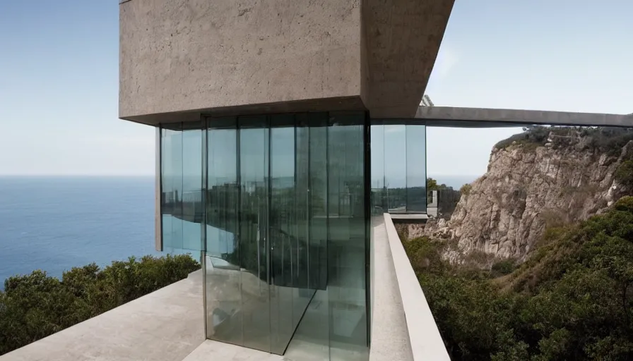 Image similar to modern house perched on a cliff overlooking a magnificient bay, drawing architecture, pritzker architecture prize, greig fraser