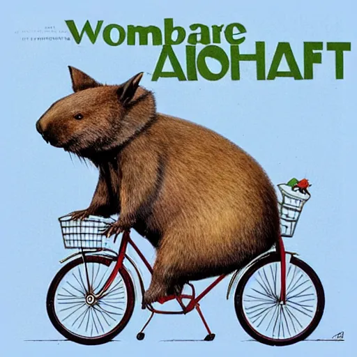 Image similar to a wombat posing next to a vintage bicycle in a 1970s poster design