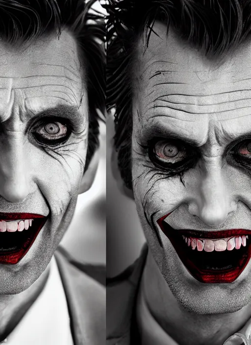 Image similar to photo of David Tennant as the Joker by Lee Jeffries and Eolo Perfido, big smile, head shot, detailed, award winning, Sony a7R, trending on artstation