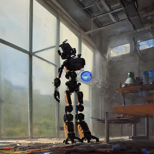 Prompt: a realistic painting of a humanoid robot ( chappie ) painting on a canvas in an abandoned building. by jordan grimmer tyler eldin ralph mcquarrie simon stalenhag. digital art, artstation, octane, uhd hdr