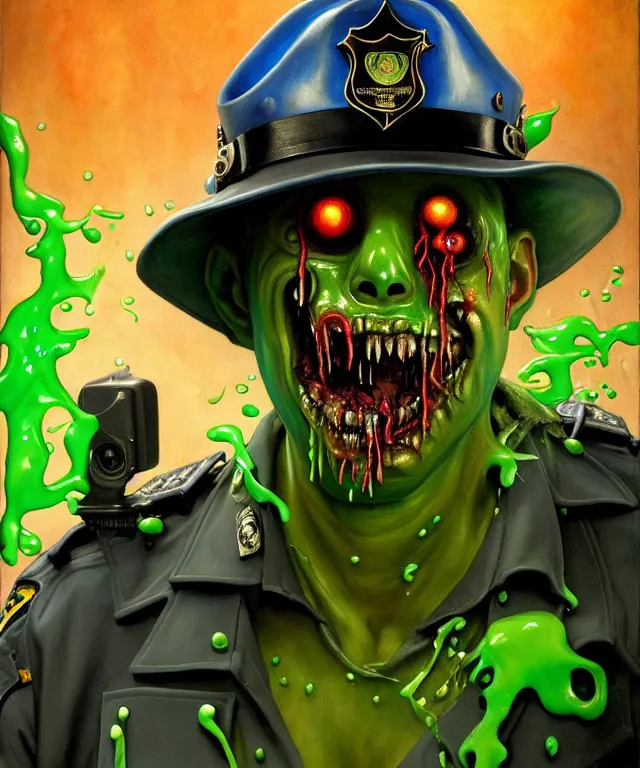 Image similar to painting of a slimy zombie cop dripping with slime and colorful goop by edgar maxence and rhads and leyendecker. los angeles police force, realistic police costume, award - winning digital art on pixiv, trending on artstation, cinematic lighting, dramatic lighting, stunning and beautiful scenery - highly detailed, hyperrealistic, unreal engine 5