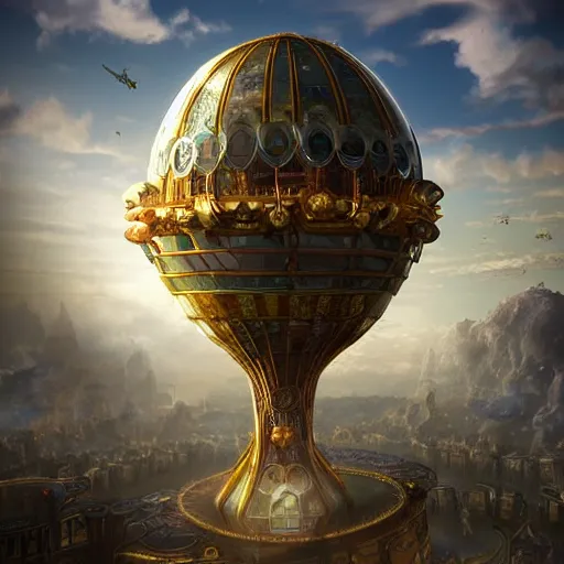 Image similar to enormous flying city!! in a gigantic faberge egg, sky!!!, steampunk, aetherpunk, fantasy art, unreal engine,