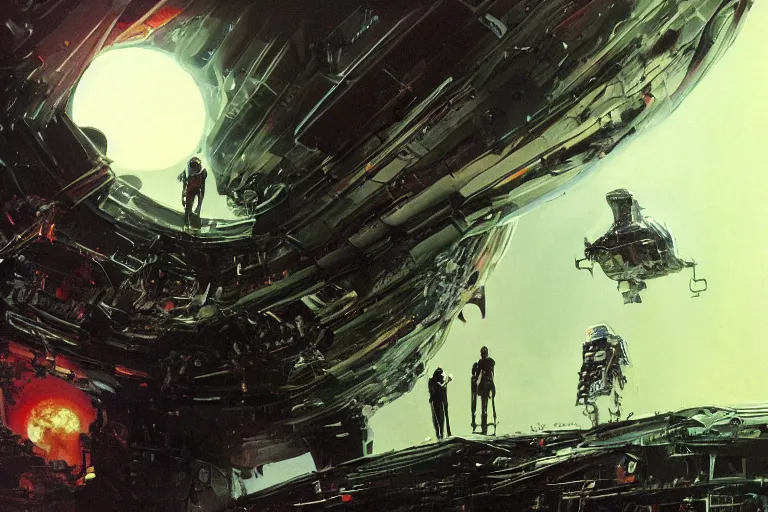 Image similar to a black alien spaceship descending on the moon, cinematic, shadows, 4 k, detailed, by john berkey!!!!!! and peter jackson and ridley scott and beeple!!! and greg rutowski