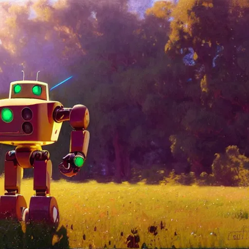 Prompt: detailed cinematic wide shot of a bad robot in a green field, cute, ultra realistic, spring light, painting by gaston bussiere, craig mullins, j. c. leyendecker