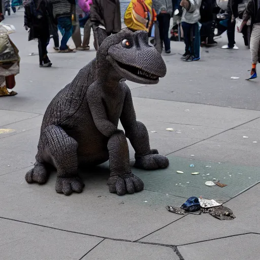 Prompt: barney the dinosaur homeless begging for fentanyl in times square, ultra detailed, 8 k, photorealism, rule of thirds, cracked textures.