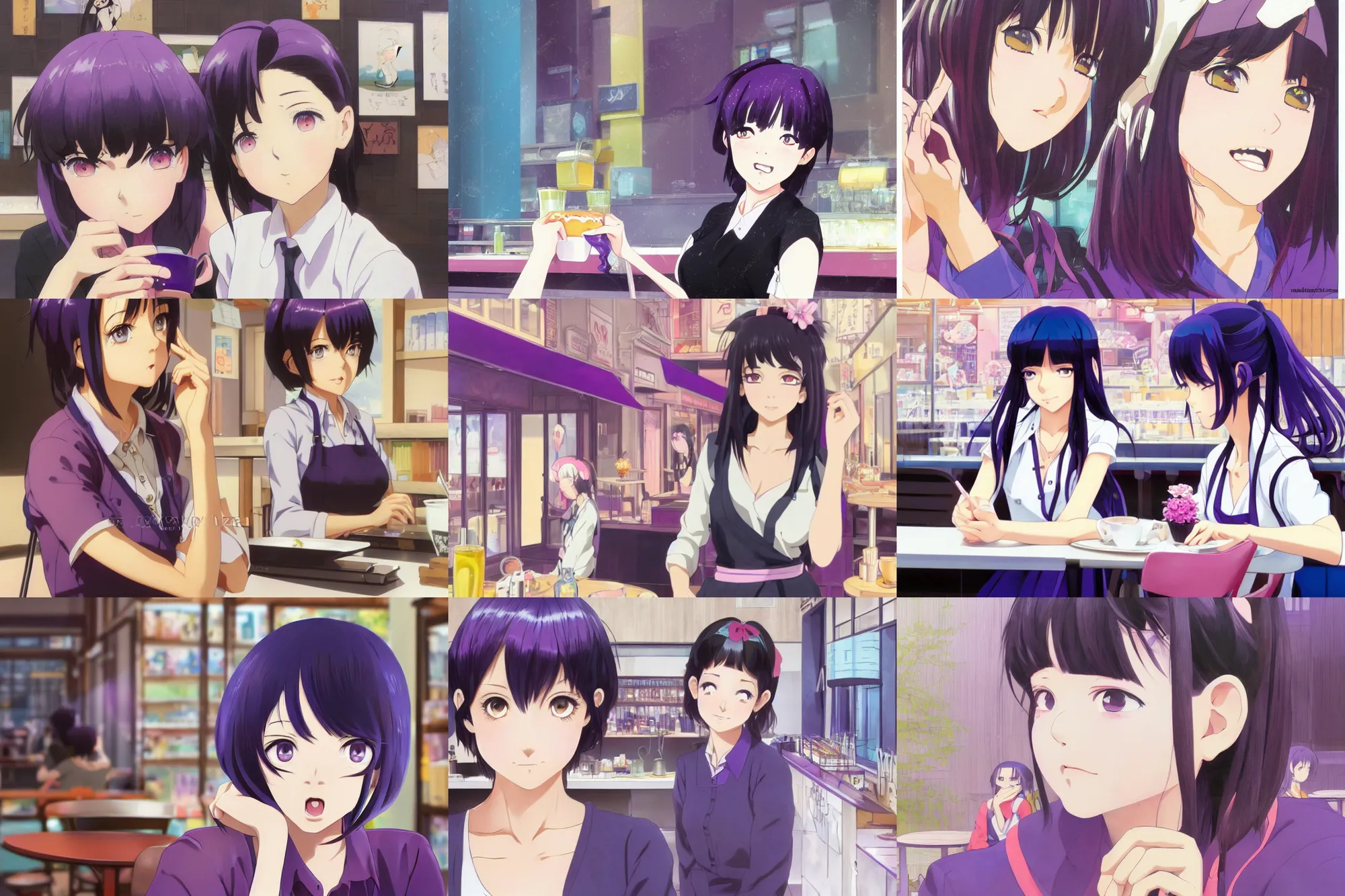 Prompt: anime film still portrait of a cute young girl with black hair and purple streaks, working at a cafe, by ilya kuvshinov yoshinari yoh makoto shinkai katsura masakazu kyoani, dynamic perspective pose detailed facial features rounded eyes, crisp and sharp, cel shaded