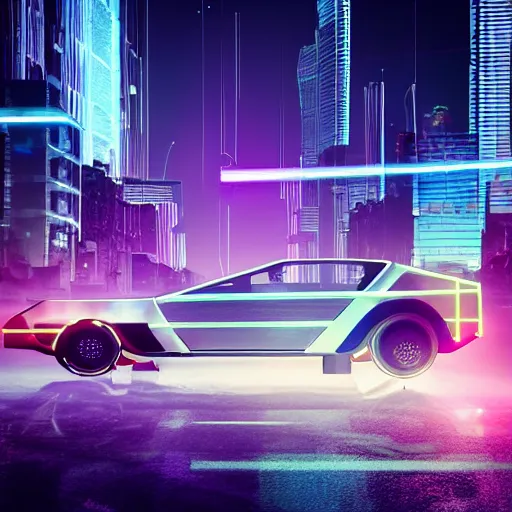 Image similar to digital art of a futuristic neon city sharp photorealistic octane render, bokeh in the background only, a in futuristic delorean hover in the foreground, deep perspective