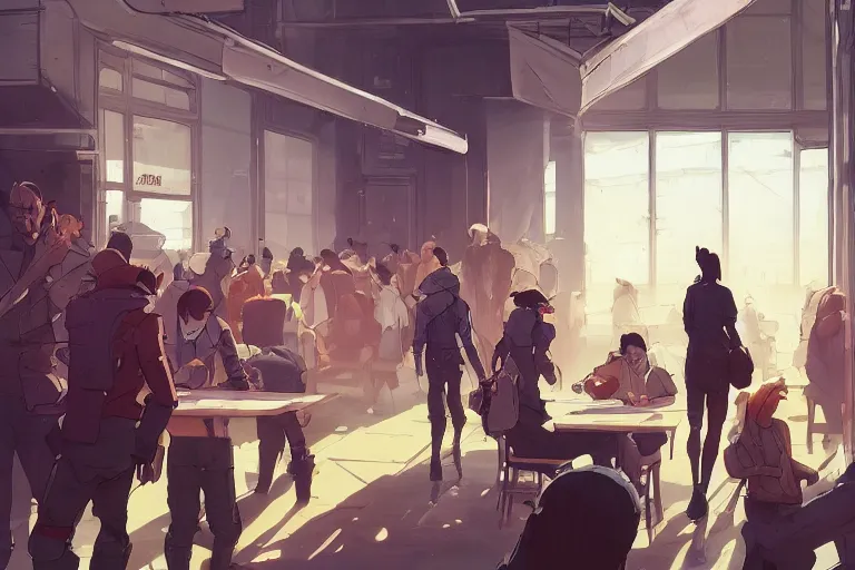 Image similar to a worried person in a crowded busy dystopian cafeteria interior behance hd artstation by jesper ejsing, by rhads, makoto shinkai and lois van baarle, ilya kuvshinov, ossdraws, that looks like it is from borderlands and by feng zhu and loish and laurie greasley, victo ngai, andreas rocha