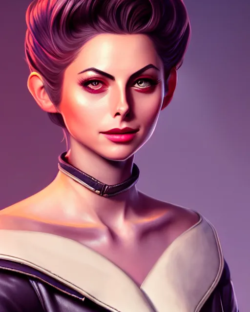 Image similar to a portrait of a beautiful willa holland pompadour long hair leather jacket, art by lois van baarle and loish and ross tran and rossdraws and sam yang and samdoesarts and artgerm, digital art, highly detailed, intricate, sharp focus, trending on artstation hq, deviantart, unreal engine 5, 4 k uhd image