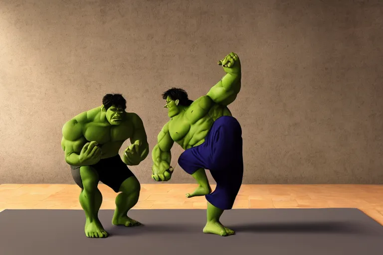 Image similar to the hulk and shrek doing yoga poses in the morning, produced in surreal sweatshop under fluorescent dominion, advanced, photorealistic, realistic, dramatic lighting, fantastic reality, by michelangelo, 8 k resolution