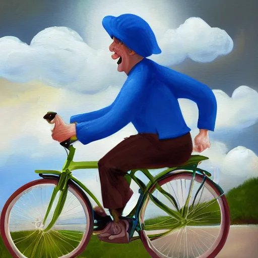 Prompt: A whimsical painting of a happy man flying in the sky on his bicycle in the clouds, action shot, subject is smiling, expressive oil painting, digital art