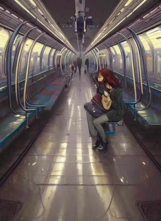 Prompt: perfectly - illustration of empty subway train interior, intricate, highly detailed, digital painting, artstation, concept art, smooth, sharp focus, illustration, unreal engine 5, 8 k, art by artgerm and greg rutkowski and alphonse mucha