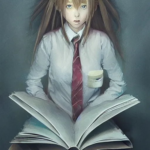 Image similar to a girl reading a book!!!, hair flowing down, symmetric, anatomically correct!, by hayao miyazaki, greg rutkowski