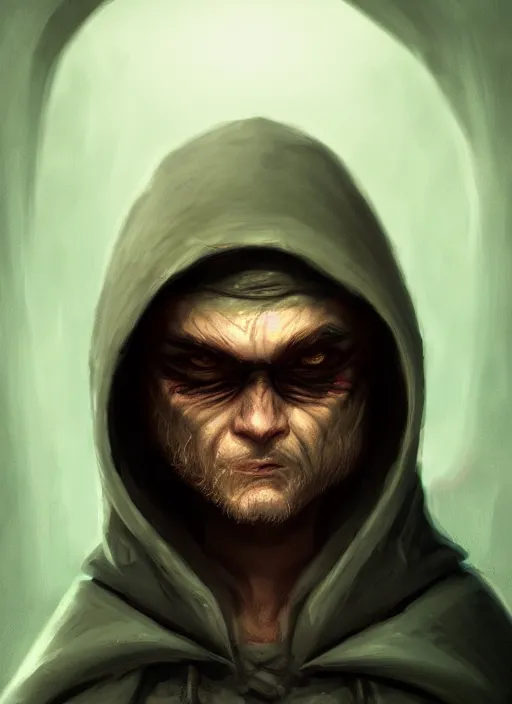 Prompt: grumpy sad rogue, wearing cloak and hood, portrait in the style of craola, macro lens, shallow depth of field, highly detailed, digital painting, trending artstation, concept art, illustration, cinematic lighting, vibrant colors, photorealism, epic, octane render, magic the gathering artwork, centered