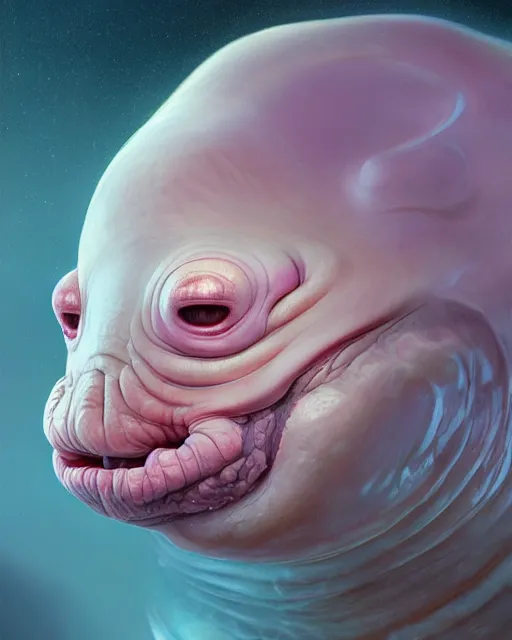 Image similar to portrait of a cute female blobfish, bioluminescent, veins, horror, happy, highly detailed, digital painting, cinematic, hyperrealism, dark retrowave, art by stanley lau and artgerm and magali villeneuve and alphonse mucha, artstation, octane render, cgsociety