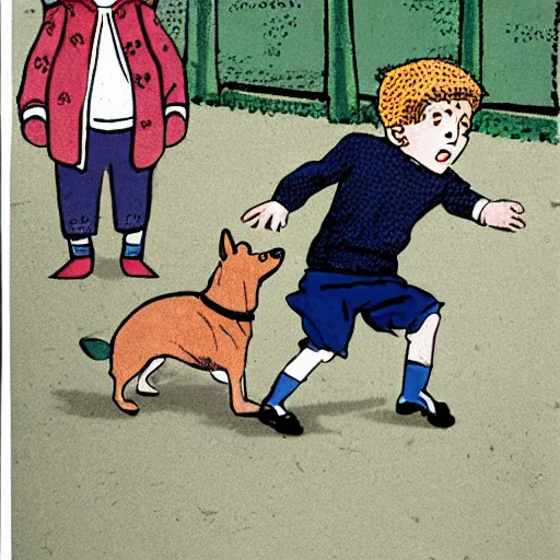 Image similar to book illustration of a french boy on the streets of paris playing football against a corgi, the dog is wearing a polka dot scarf, 1 9 6 6