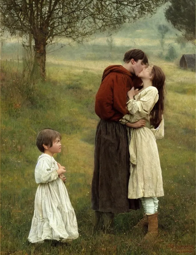 Image similar to peasant boy and girl first kiss, on a village, Cinematic focus, Polaroid photo, vintage, neutral colors, soft lights, foggy, by Steve Hanks, by Serov Valentin, by lisa yuskavage, by Andrei Tarkovsky 8k render, detailed, oil on canvas