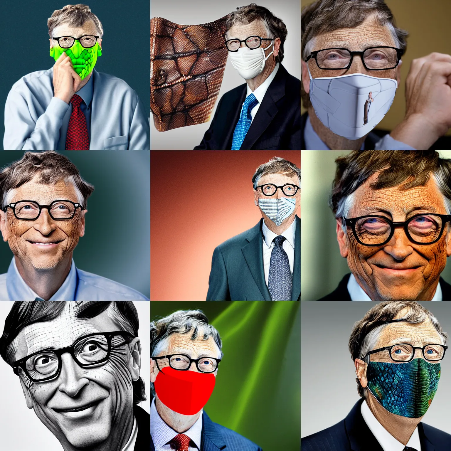 Prompt: a portrait of bill gates wearing a full face reptile mask