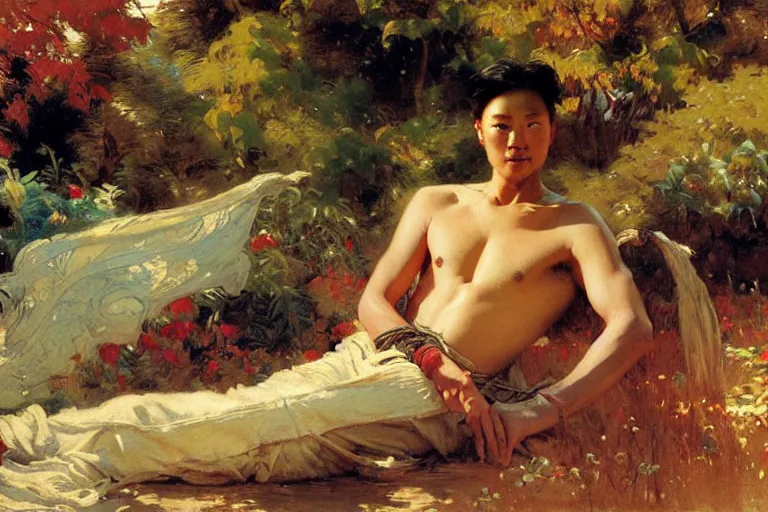 Image similar to wuxia, autumn, attractive male rest in the garden, painting by gaston bussiere, craig mullins, j. c. leyendecker