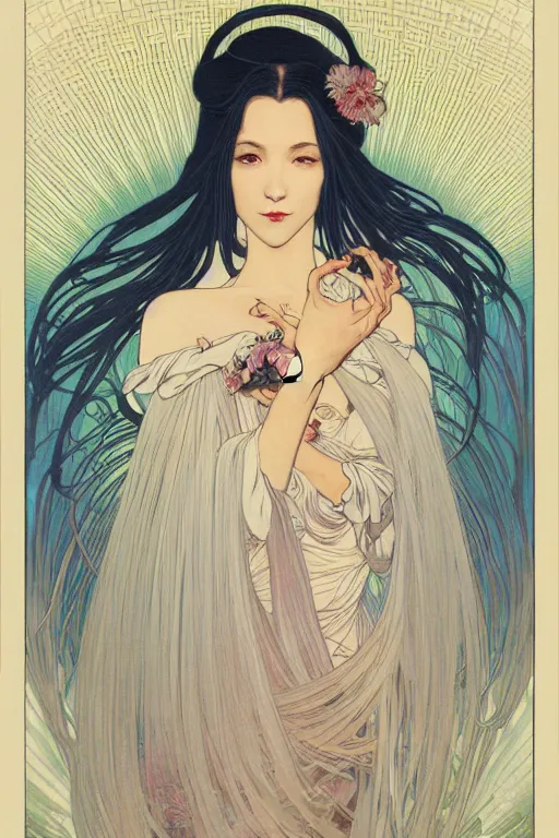 Image similar to magnum opus portrait professional photograph female holding white hair glowing, blush, pleated skirt, flowing hair, slim face, elegant, alphonse mucha, by yoichi hatakenaka, masamune shirow, josan gonzales and dan mumford, ayami kojima, takato yamamoto, barclay shaw, karol bak, yukito kishiro