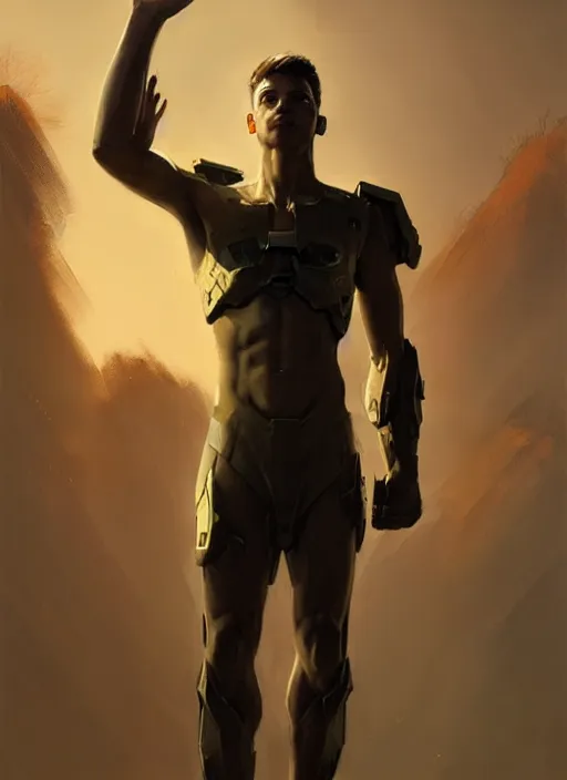 Prompt: young male, halo, raising his arm, slowly, greg rutkowski