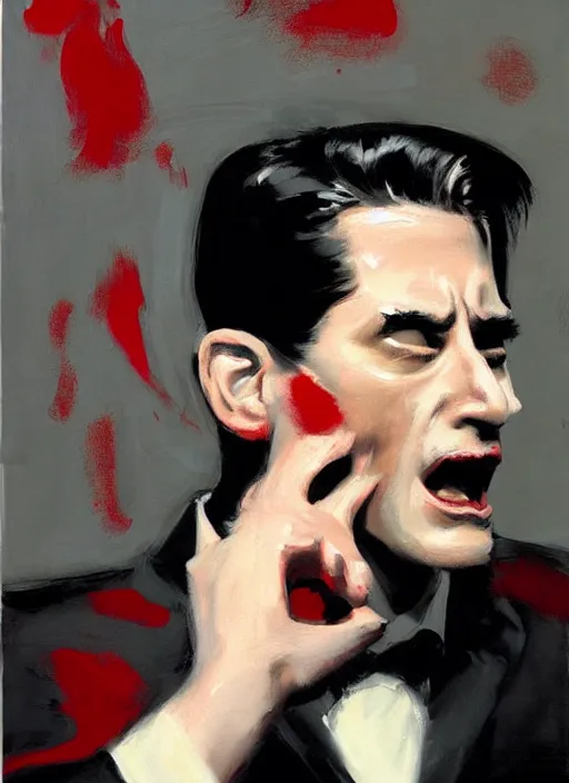 Image similar to dale cooper doppelganger, screaming, WHITE EYES!!! red curtains, painting by phil hale, 'action lines'!!!, graphic style, visible brushstrokes, motion blur, blurry