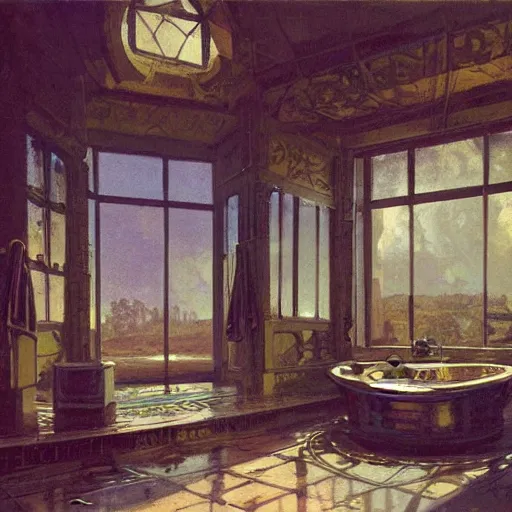 Prompt: painting of syd mead artlilery scifi bathroom with ornate metal work lands on a farm, ancient civilization ornaments, volumetric lights, purple sun, andreas achenbach