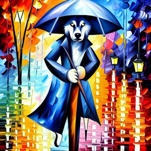 Image similar to wolf with hat and umbrella in the rain, by leonid afremov