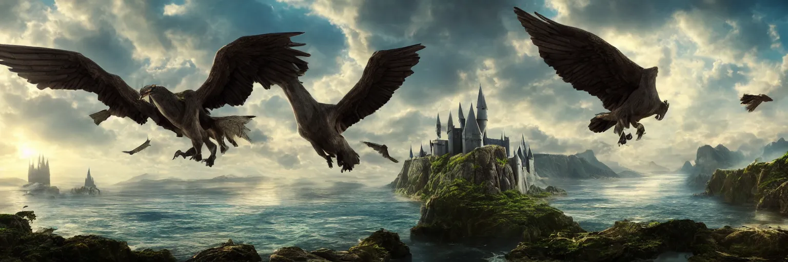 Image similar to hippogriff flying over a sea with hogwarts in the background, dramatic volumetric lighting, epic composition, high detail, 4K Ultra HD