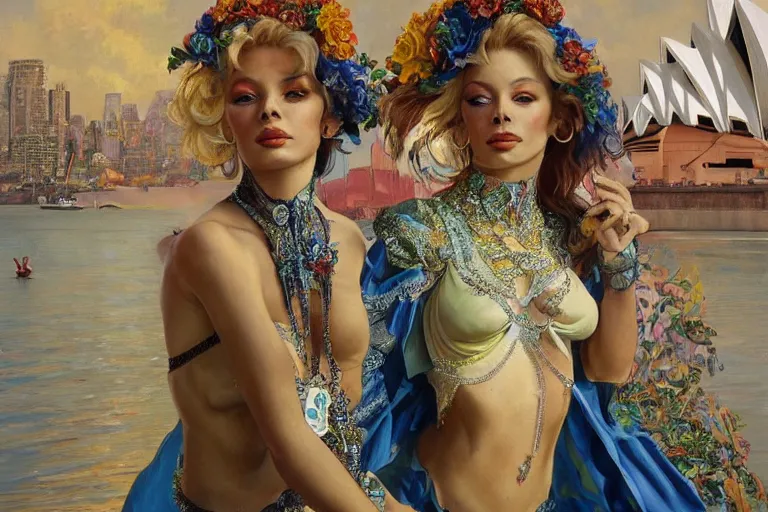 Prompt: a beautiful realistic painting of ( ( isabelledeltore ) ) in the 1 9 8 0 s carnival in the city of sydney, australia intricate, elegant, highly detailed, digital painting, artstation, concept art, by krenz cushart and artem demura and alphonse mucha