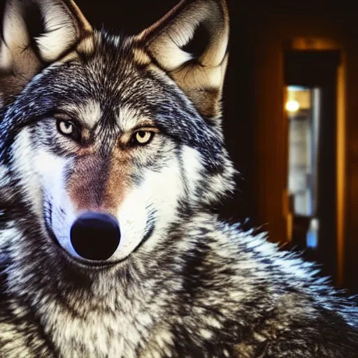 Image similar to portrait of a wolf fursuit at a furry convention, indoors, realisitc photo