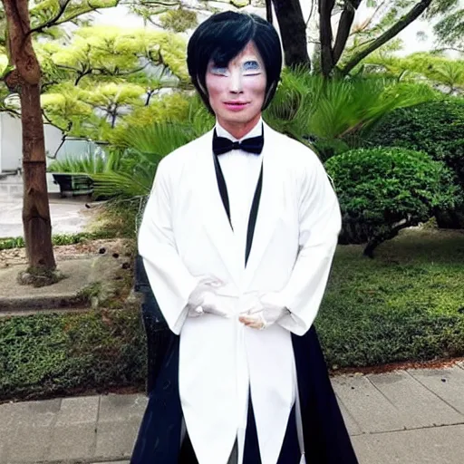 Image similar to a flamboyant japanese man that has had lots of plastic surgery, wears lots of makeup and has smooth skin wearing a wedding dress