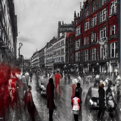 Image similar to A British European City with cars and people roaming inside of the city, certain aspects of the background are lens blurred, splatters of red on the border of the image, some of the people are even painted red, black and white photograph painting, real life, realistic, hyperrealistic, very realistic, photo photograph, photo, photograph, painting, oil painting, ultra realistic, very detailed, extremely detailed, highly detailed, HD Quality, 4k resolution, 8k resolution, trending on artstation, in the style of an Album Cover, cool, epic, nostalgic, intricate details