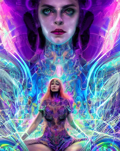 Image similar to a powerful energy psychedelic matrix priestess, by alexander fedosav, hyper detailed digital matte painting, concept art, hyperrealism, 1 6 k resolution, cinema 4 d, 8 k resolution, trending on artstation, behance hd, a masterpiece, by stephan martiniere, particles, cel - shaded, power bright neon energy, by david a. hardy,