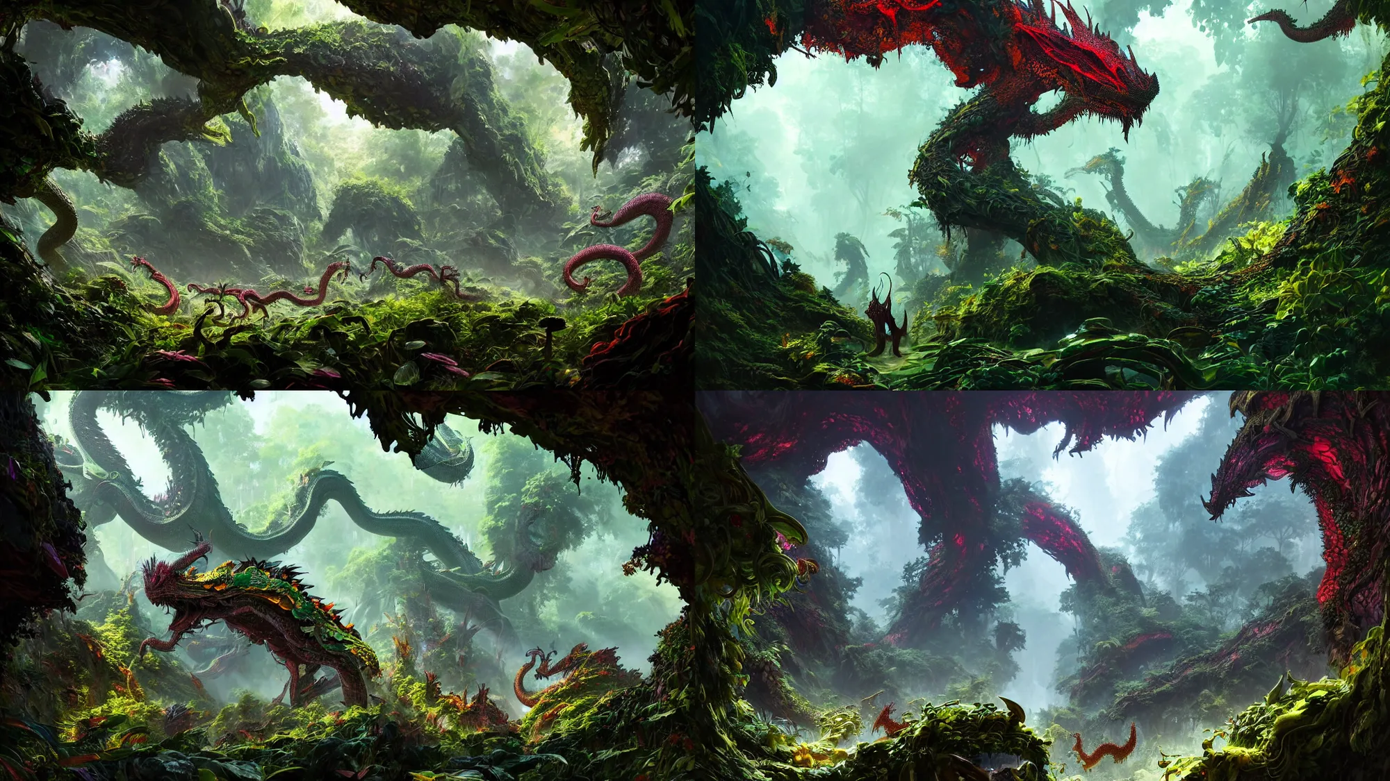 Prompt: an overgrown forest, serpentine dragons and birdlike dragons, big serpentine dragon, full of glowing plants and vividly colored flowers, with warm light dappled through the leaves, and a vine-covered cave entrance in shadow, Wadim Kashin, in Peter Elson color scheme, featured in artstation, octane render, cinematic, elegant, intricate, 8k