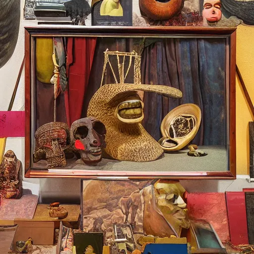 Image similar to A three color offset photography of single surrealist object on display, anthropology of wonder, (((surrealism))), exotic artifacts, colonial expedition, exhibition, 60s style