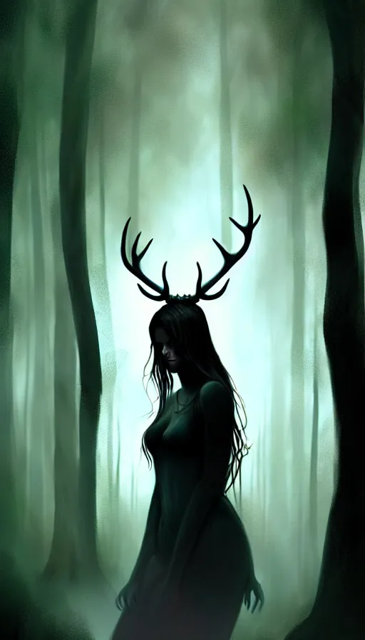 Prompt: a silhouette portrait of a girl with antlers in a forest at night, dark, gothic, fantasy, portrait, figurativism, muted colors, digital painting in the style of bastien lecouffe - deharme, trending on artstation, detailed