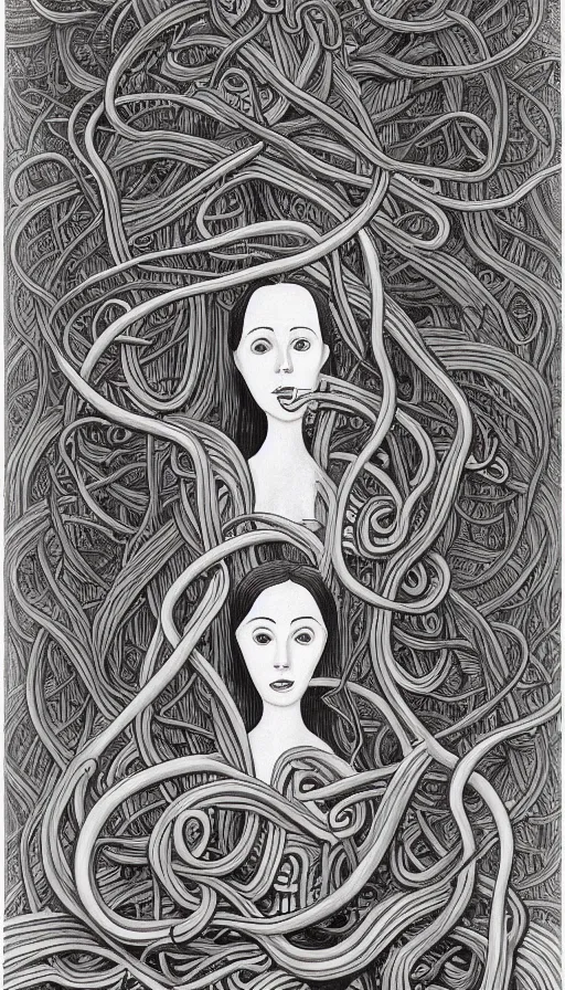 Prompt: very detailed portrait of a 2 0 years old girl surrounded by tentacles, the youg woman visage is blooming from fractal and vines, by charles addams
