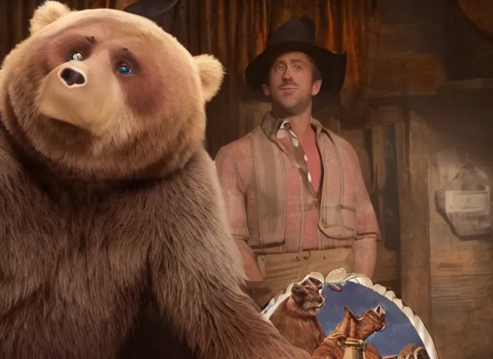 Prompt: film still of Ryan Gosling in the new Country Bear Jamboree movie, 8k