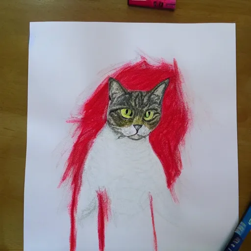 Image similar to crayon drawing of a cat bleeding out, drawn by a 6 year old