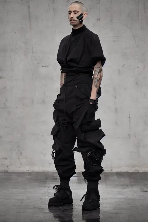 Image similar to Hypermaximalist avant garde cargo pants, black with chrome accents, product photography, Rick Owens, Yohji Yamamoto, Y3,