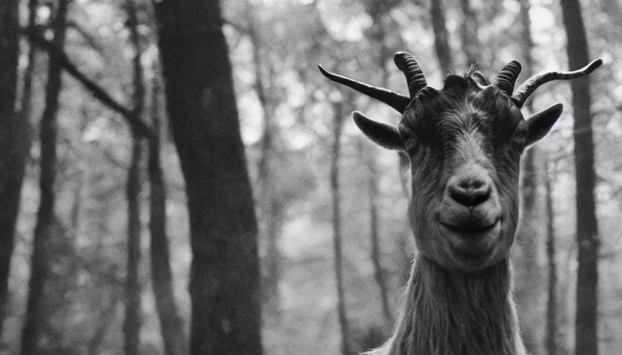 Image similar to grainy 16 mm indie horror film about goat headed demons in the forest