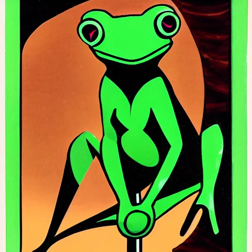 Image similar to art deco frog drinking absinthe on a spaceship