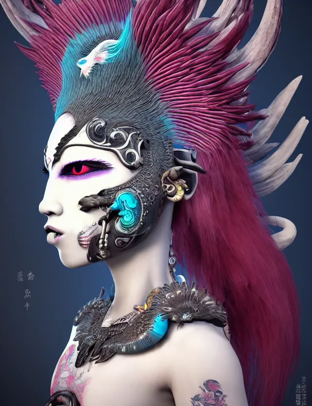 Image similar to 3 d photo realistic goddess close - up profile portrait punk with mohawk with ram skull. beautiful intricately detailed japanese crow kitsune mask and clasical japanese kimono. betta fish, jellyfish phoenix, bio luminescent, plasma, ice, water, wind, creature, artwork by tooth wu and wlop and beeple and greg rutkowski