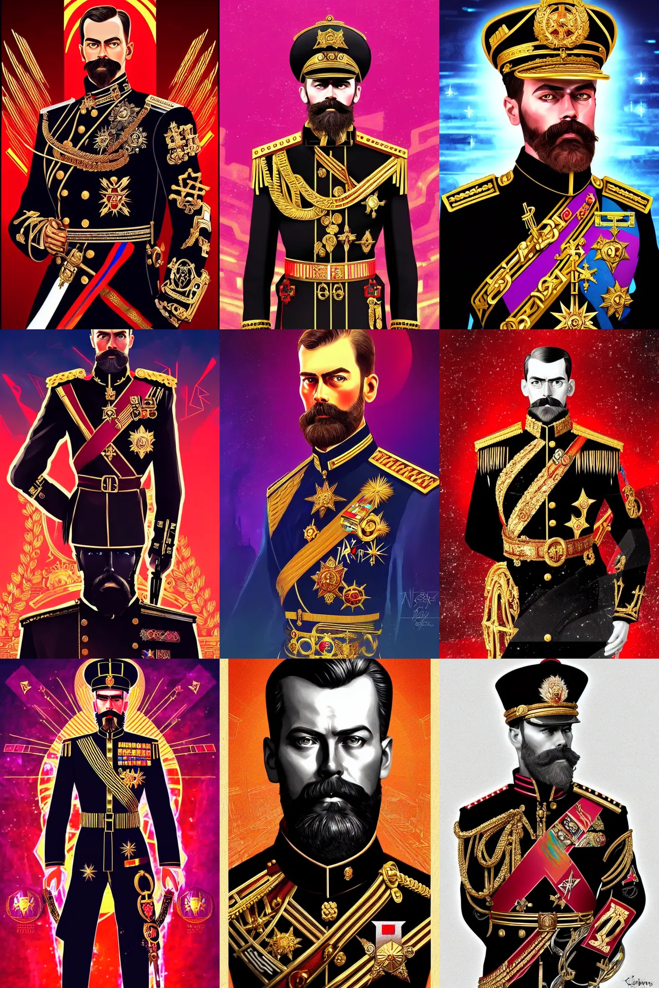Image similar to Nicholas II of Russia, cyberpunk, synthwave, ornate, digital art, illustration, artstation, youtube, full body, black sun halo, in style of synthwave, warhammer