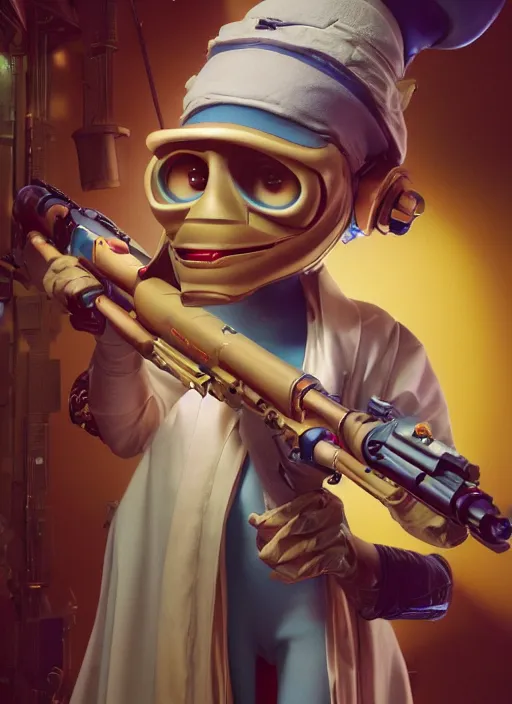 Prompt: an anthropomorphic beautiful female scientist portrait holding a science fiction sniper rifle wearing colourful robe, fine art, award winning, intricate, elegant, sharp focus, octane render, hyperrealistic, wizard hat cinematic lighting, highly detailed, digital painting, 8 k concept art, art by jamie hewlett and z. w. gu, masterpiece, trending on artstation, 8 k