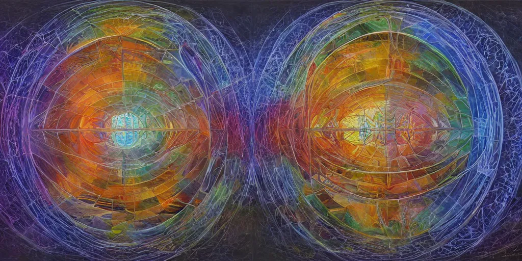 Image similar to dome syndrome is a mental projection of a self - contained vessel of light, constructed by one's own mental perceptions, however, this liberating space often turns out to be a limiting condition for exploring what truly lies beyond, volumetric lighting and shadows, concept art, biomechanical, realistic oil painting by alex grey