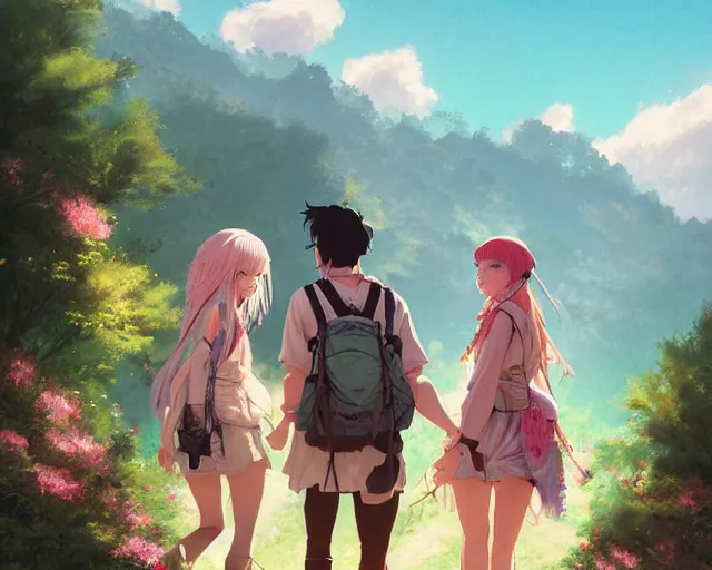 Image similar to a cinematic boy girl traditional romance moment of a group of university friends hiking wearing boho clothing and peonies, full body illustration,bestselling movie art poster, official media, 1970s fashion, official anime media, incredible art by artgerm and greg rutkowski and doja cat